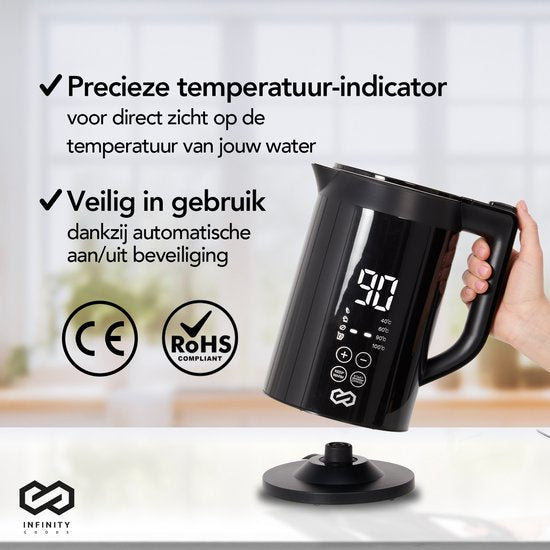 Infinity Goods Wasserkocher mit Temperaturregelung - Heizfunktion - Temperaturregelung - 1.5L - Schwarz