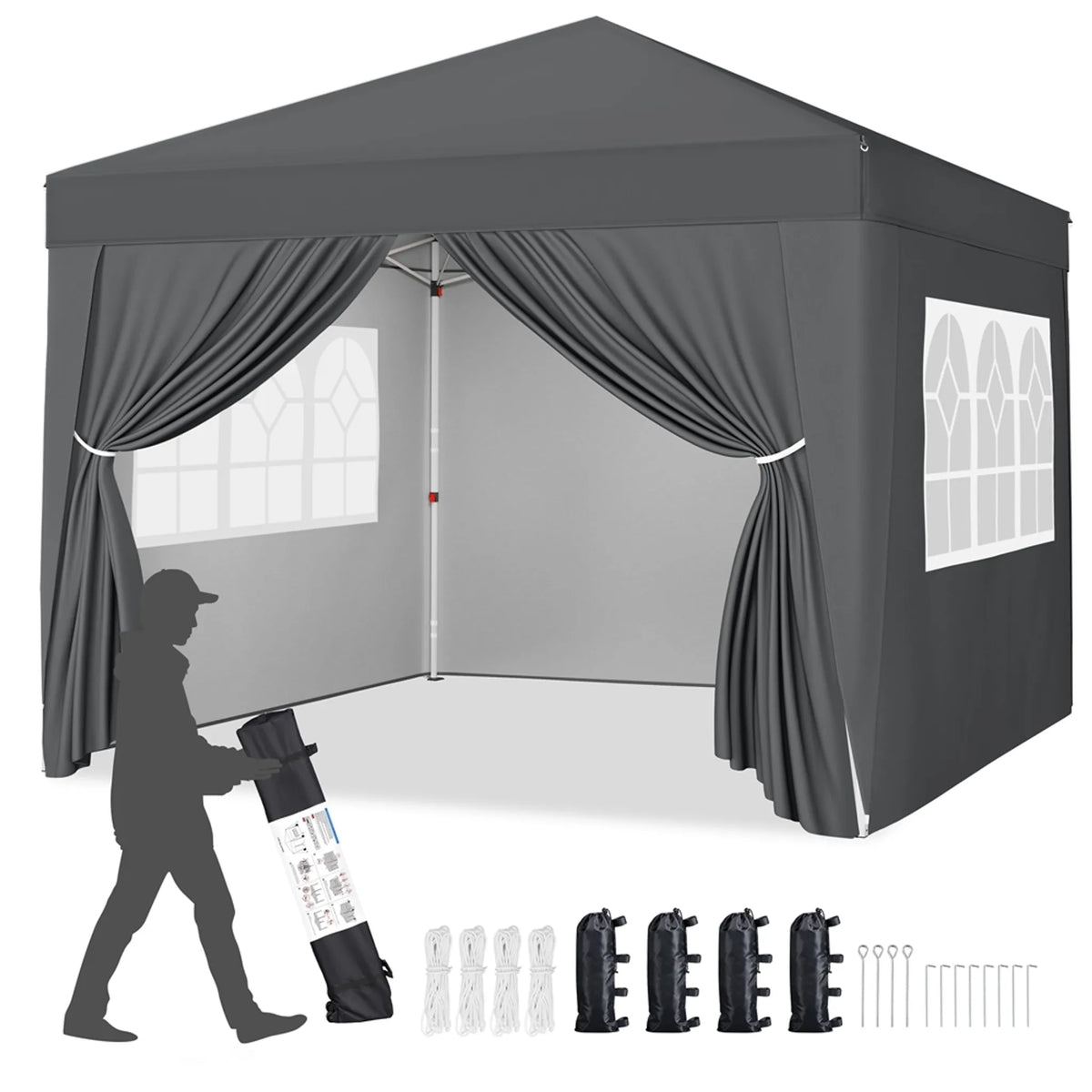 Yaheetech Faltpavillon 3 x 3 m – Verstellbar von 267 bis 287 cm – 4 Seitenwände – UV-Schutz 50+ – Wasserdicht – Dunkelgrau