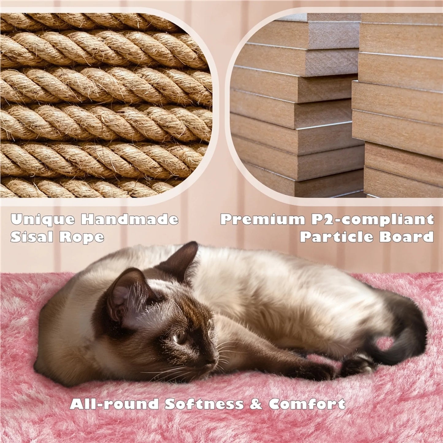 Yaheetech Katzenpfosten mit 3 Aussichtsplattformen - Ausgestattet mit 2 Katzenkörben und Sisalstangen und Spielball mit Glocke - Für Haushalte mit mehreren Katzen - Rosa Plüsch und E1 Spanplatte - 49 x 49 x 139 cm