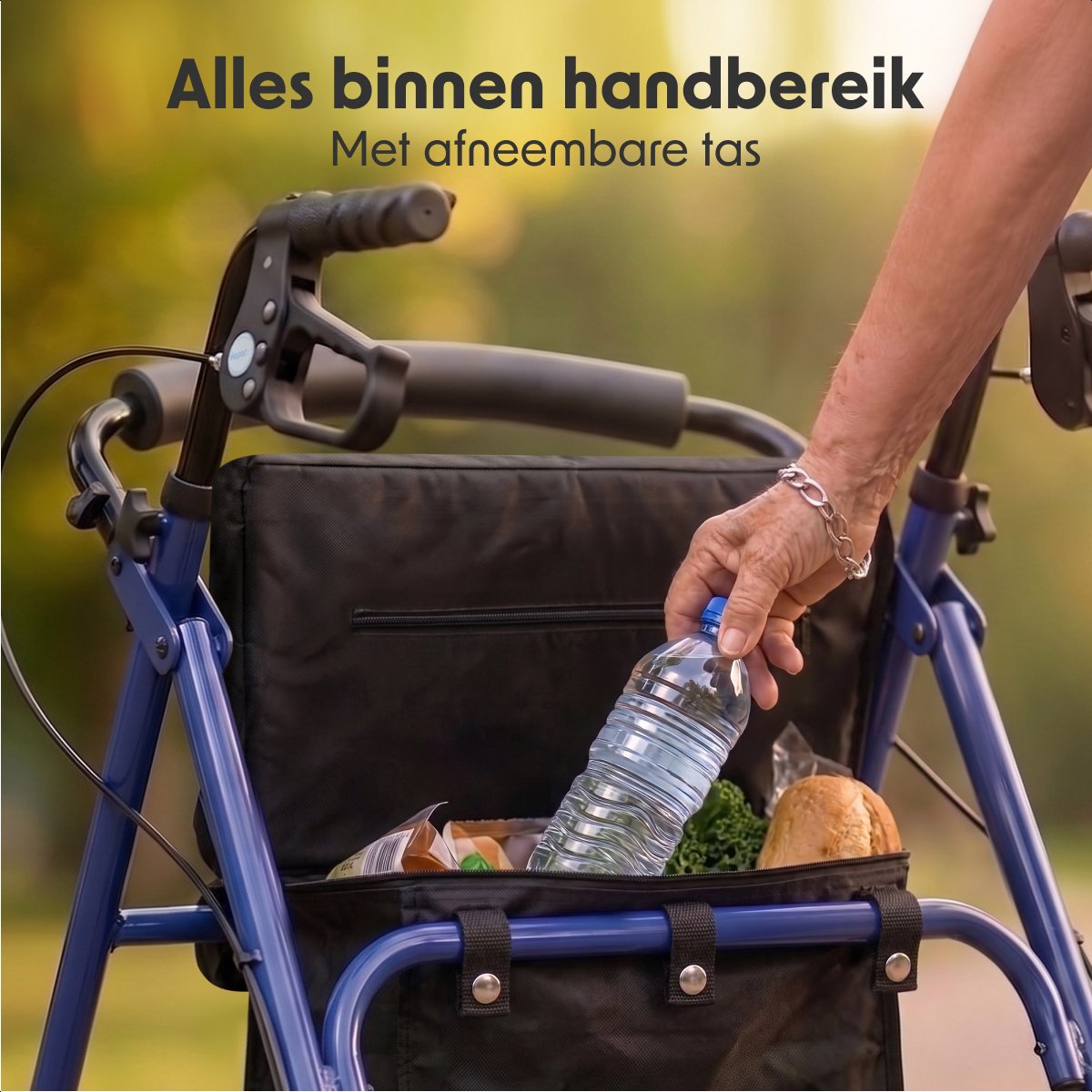 LifeGoods Basic Rollator – leicht und zusammenklappbar – mit Sitz und Rückenlehne – höhenverstellbar von 79 bis 89 cm – Tragkraft 136 kg – 66 x 59 x 79–89 cm – dunkelblau