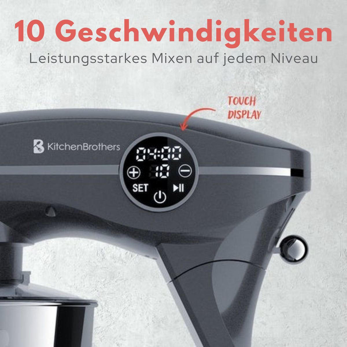KitchenBrothers Küchenmaschine - Touch Display und Timer - Küchenroboter - 6L - 1800W - Aluminium - Anthrazit