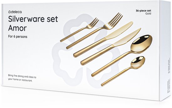 Deleca 6 Personen Luxus-Edelstahl-Besteck-Set Amor (36 Teile) - Löffel, Messer, Gabeln, Steakmesser & Kuchengabeln - spülmaschinenfest - Gold-Design-Besteck - 18/0 Edelstahl