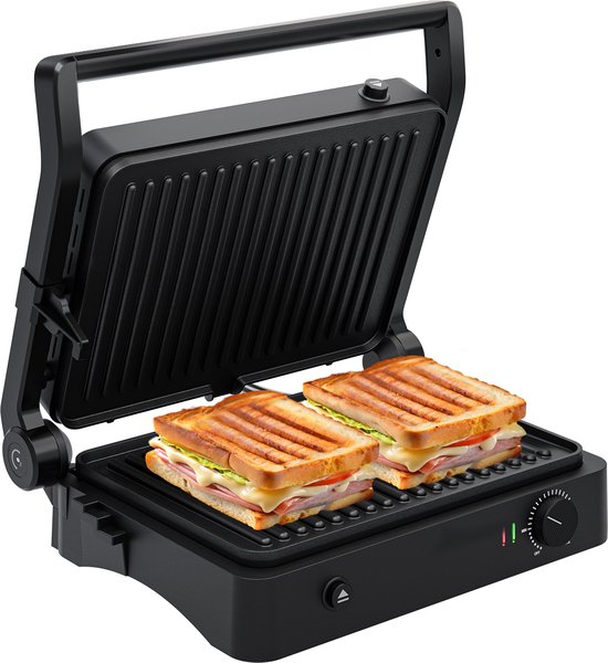 KitchenBrothers Kontaktgrill - Grillgerät - Abnehmbare Grillplatten - Panini Grill - 3 Höheneinstellungen - Toasti Eisen - 2000W - Schwarz