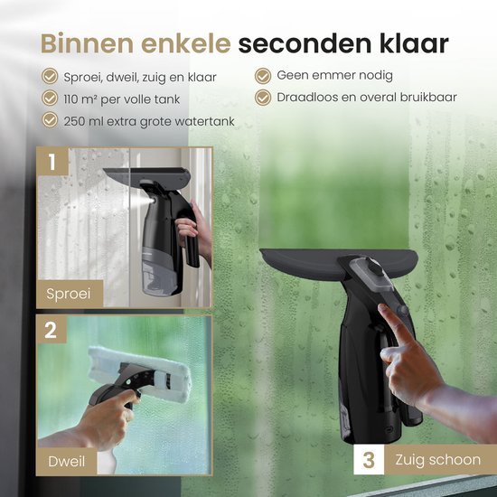 Vapore Elektro-Fensterreiniger - Inkl. Seifenspender - Mit integrierter Sprühfunktion - Inkl. Mikrofasertuch - Schwarz