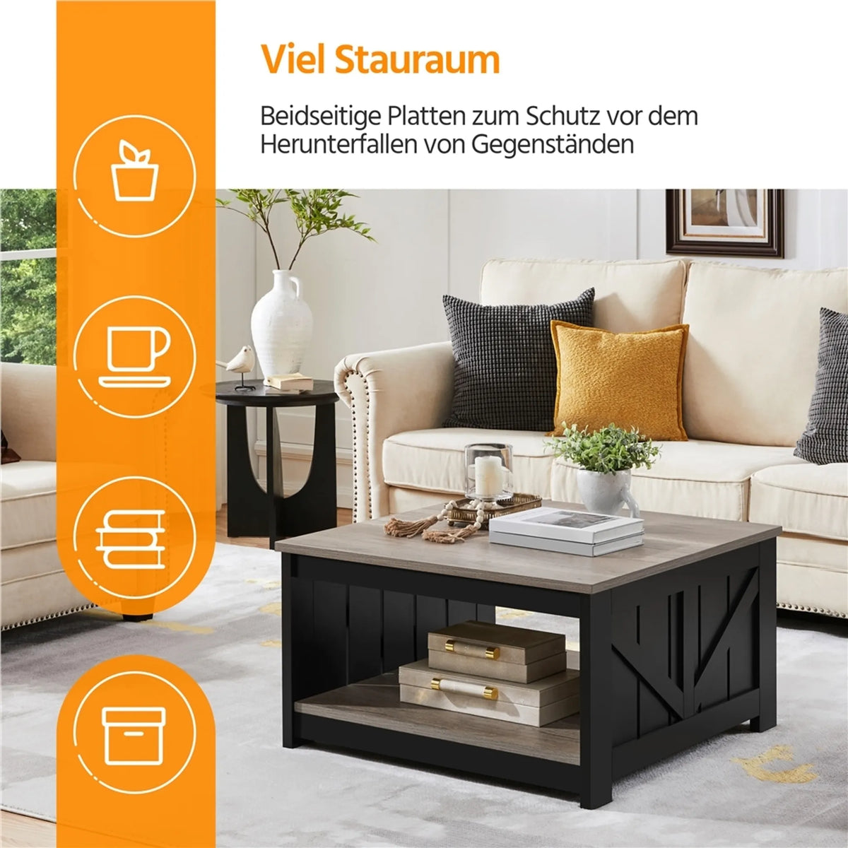 Yaheetech Couchtisch Quadratisch - 80 x 80 x 45 cm - Mit geräumigem Ablagefach und Scheunentür Design und Holzmaserung Furnier - Für Wohnzimmer und Sitzbereich - Grau E1 MDF