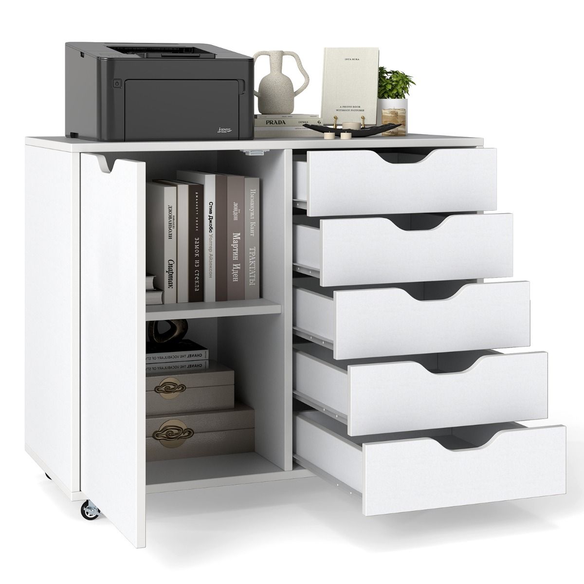 Coast Rollcontainer mit 5 Schubladen und Tür – verstellbares Einlegeboden – auf Rollen – weiß 78 x 40 x 65 cm