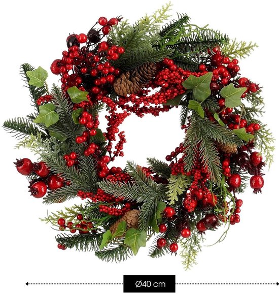 Mica Decorations Norah Weihnachtsdekoration – Weihnachtskranz mit Tannenzapfen und roten Beeren – Türkranz für den Flur, die Haustür oder das Fenster – Klassische Weihnachtsdekoration – H 11 x Ø 40 cm – Rot