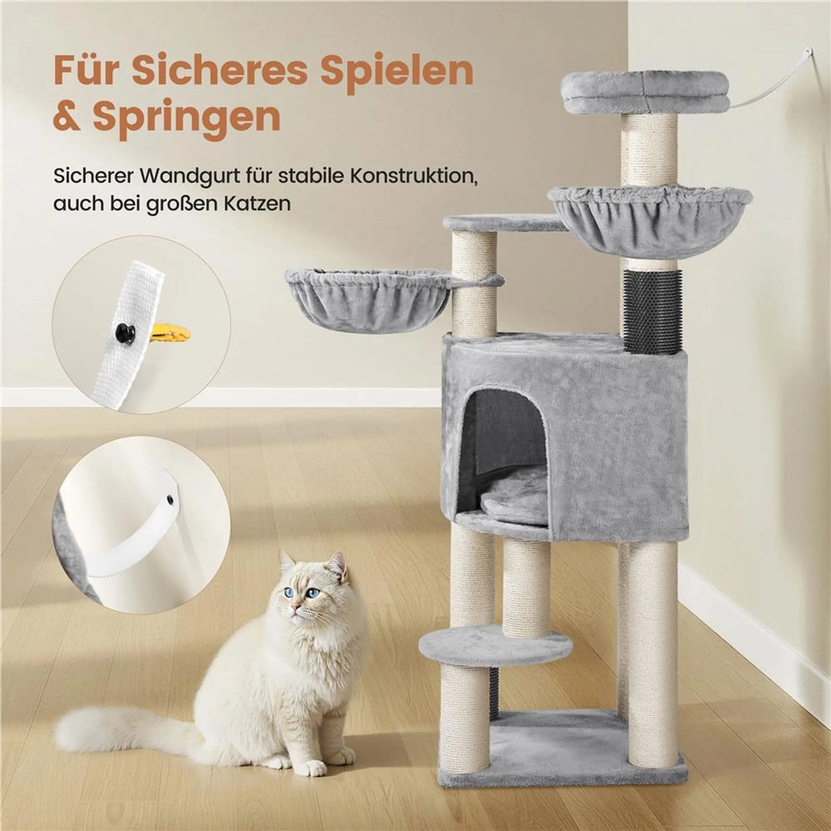 Yaheetech Kratzbaum 160 cm H – ⌀11 cm Sisalstämme, Plattformen & Katzenhöhlen – Hellgrau & Beige