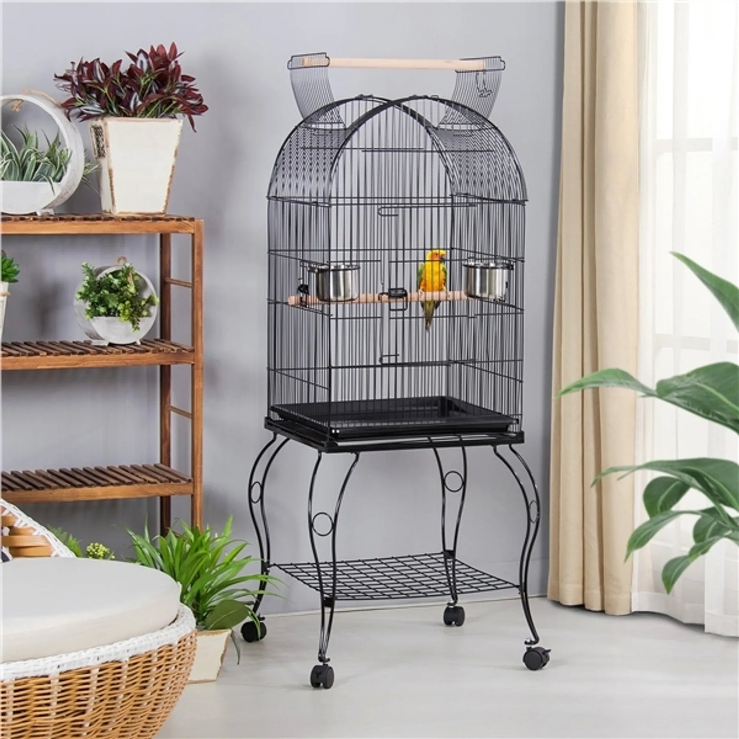 Yaheetech Vogelkäfig - Sittiche und Papageien - 59.5x59.5x150 cm - Mobil - Abnehmbarer Ständer - Sitzstangen - Schwarz