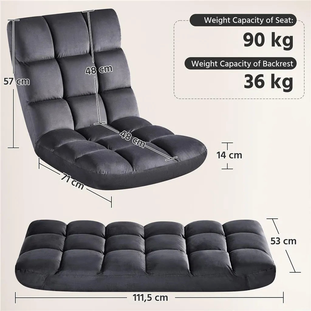 Yaheetech Verstellbarer Bodensessel 111,5 x 53 cm – Grau – Zusammenklappbarer Gaming- und Relaxsessel mit 14 Einstellmöglichkeiten