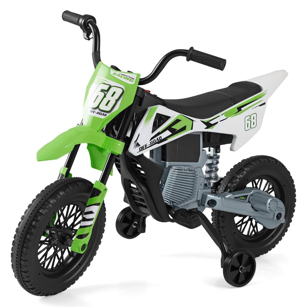 Coast Elektrisches Kindermotorrad – Musik und Bluetooth – abnehmbare Stützräder – grün