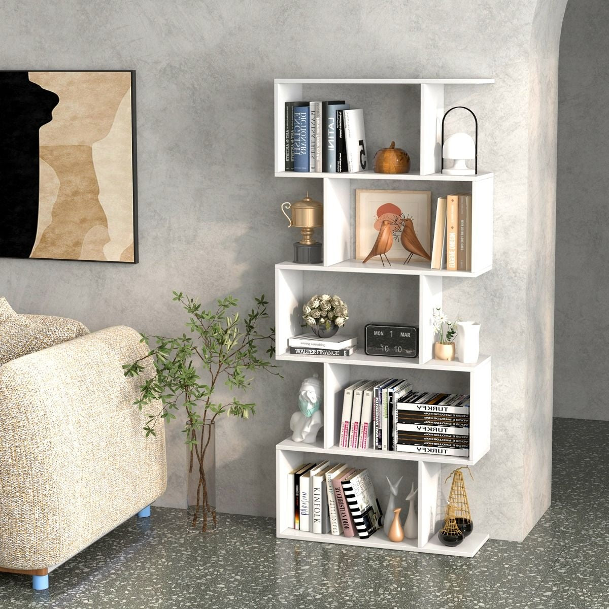 Coast 5-Schubladen-Bücherregal in S-Form - 70 x 23,5 x 158 cm - Weiß