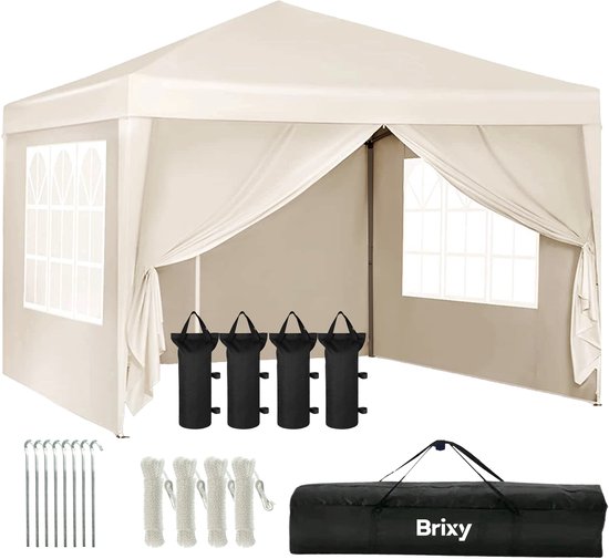 Brixy Partyzelt - faltbar - einfacher Aufbau - 3x3m - wasserdicht - Pavillon mit Seitenwänden - inkl. Tragetasche - Creme