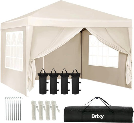 Brixy Partyzelt - faltbar - einfacher Aufbau - 3x3m - wasserdicht - Pavillon mit Seitenwänden - inkl. Tragetasche - Creme