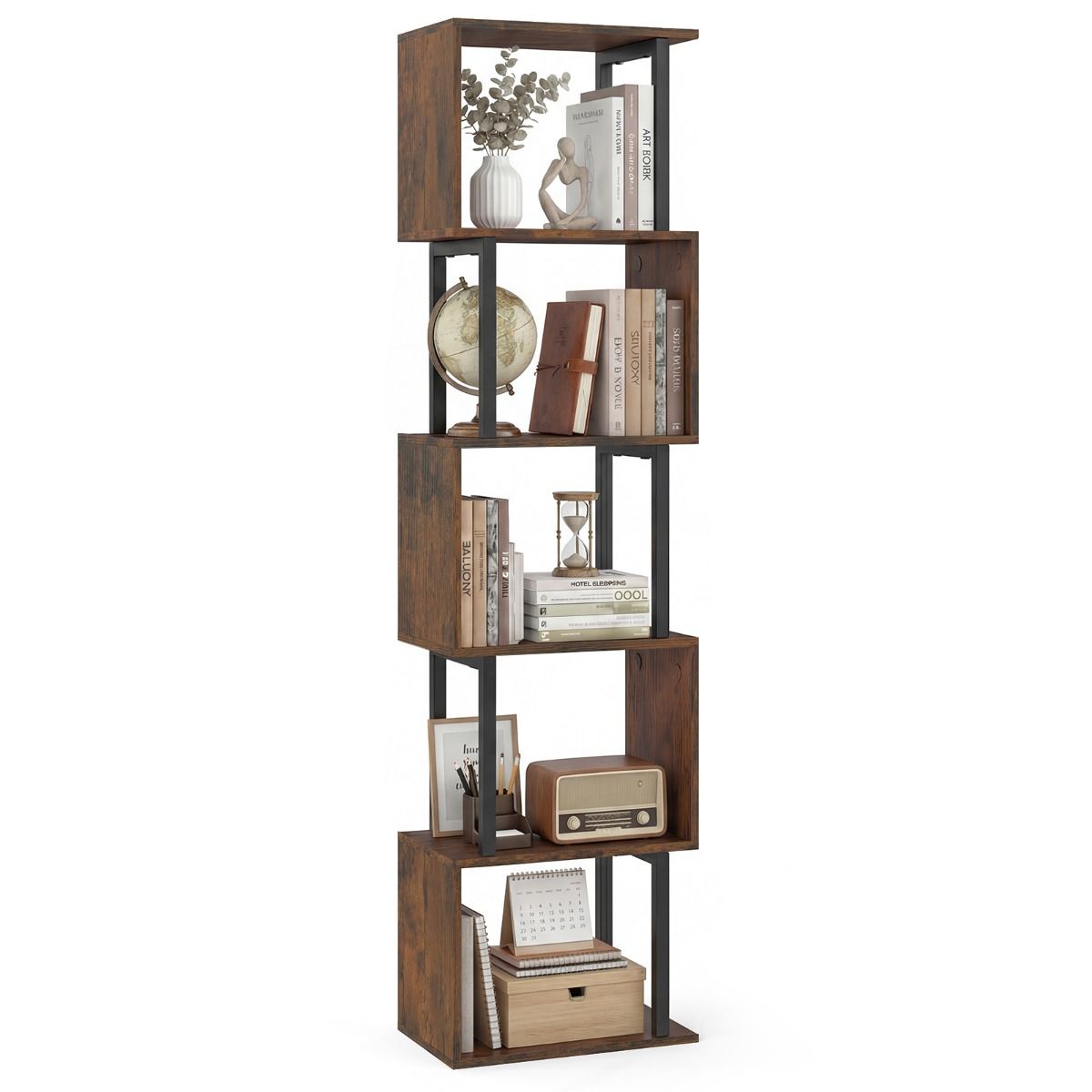 Coast Bücherregal mit 5 Regalböden – geometrisches Design – Metallgestell – schwarz/rustikales Braun