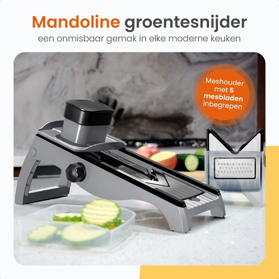 Goliving Mandoline Gemüseschneider - 35 x 8cm - Küchenschneider mit 5 Klingen - Zwiebelschneider - Käsereibe - Mandolinen - Spiralschneider - Reibe - Edelstahl