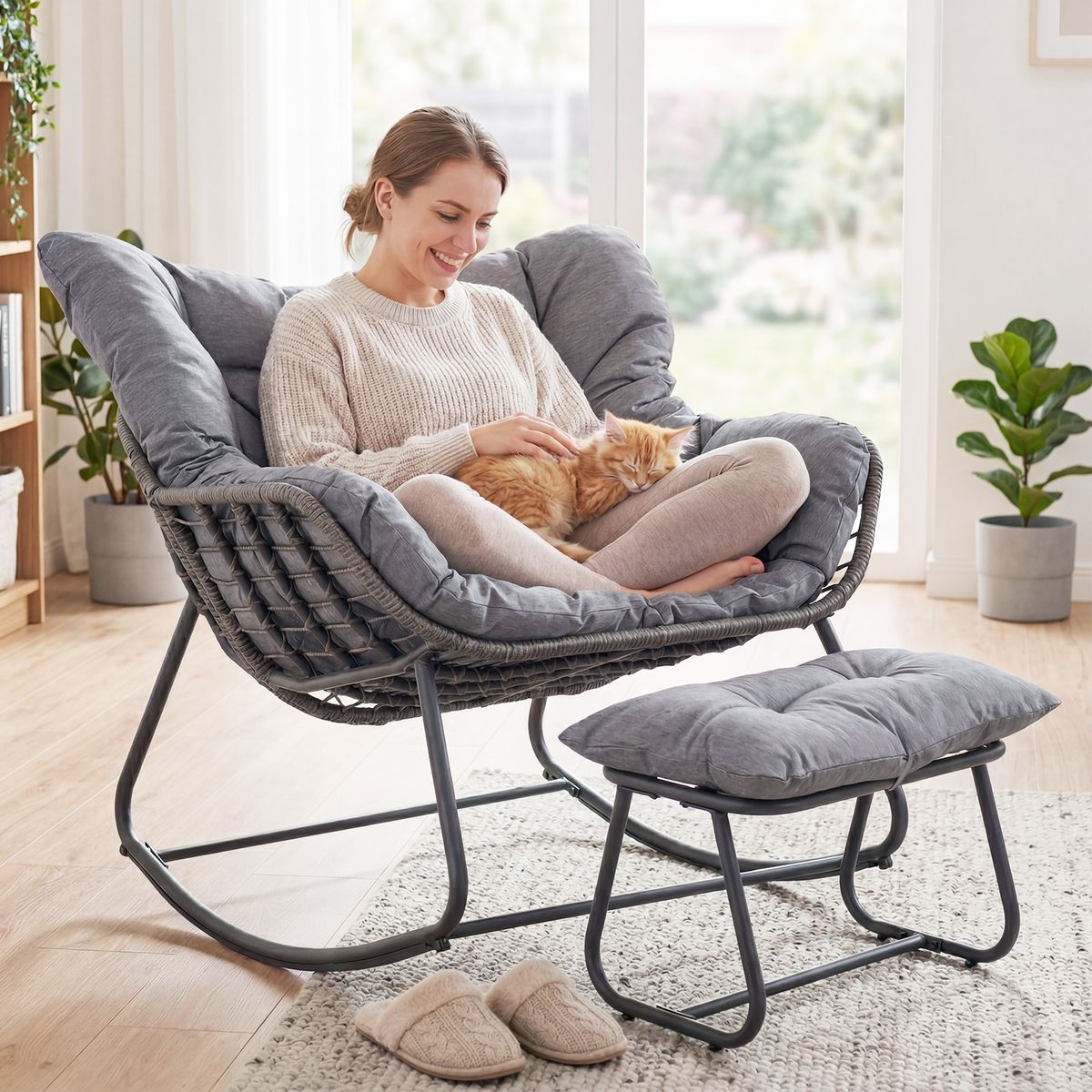Coast Schaukelstuhl mit Fußhocker – ergonomisches Design – PE-Rattan und Metallgestell – schwarz/grau/beige