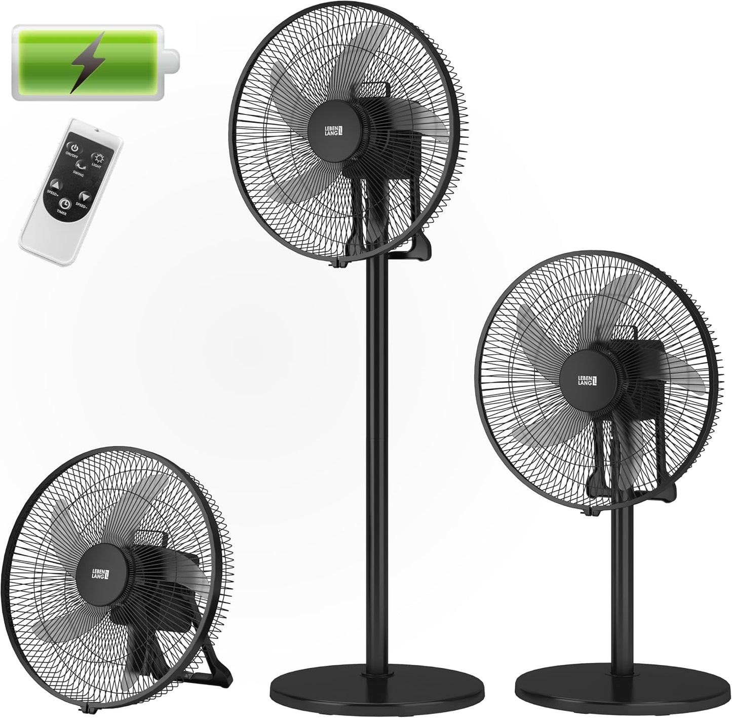 LEBENLANG Akku-Ventilator 35W - 3600 mAh - bis zu 45 Stunden Betriebsdauer - Ø 30 cm - Höhe 80-115 cm - Schwarz - Tragbarer 5-in-1 Ventilator mit Fernbedienung