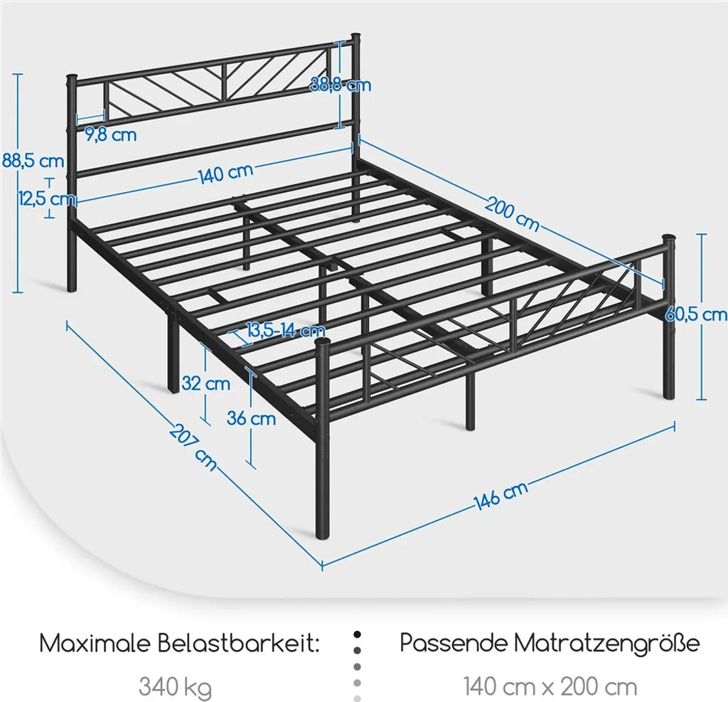 Yaheetech Metallbettgestell 140 x 200 cm – Schwarz – Doppelbett mit Lattenrost und hohem Kopfteil