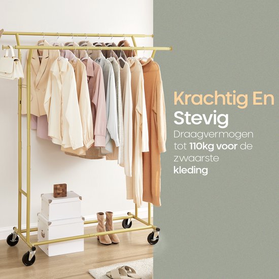 O'DADDY® Kleiderständer auf Rädern - Kleiderständer - Kleiderstange - Verstellbar und ausziehbar - Industrielle Rollen - Metall - Stabil bis 110 kg - Gold