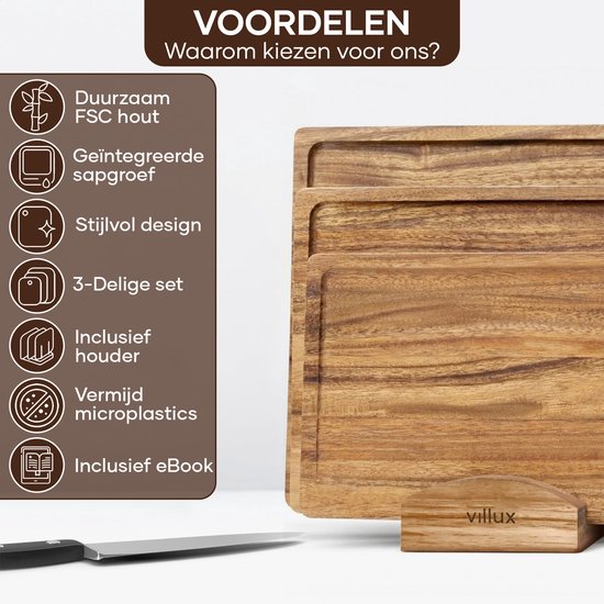 Villux Schneidebrett – Schneidebrett-Set mit Halterung – Schneidebrett aus Holz – Schneidebretter – Schneidebrett aus Akazienholz – Holz-Schneidebrett – Schneidebrett-Set – Tapas-Brett - Snackbrett – Servierbrett – Häppchenbrett – Inklusive E-Book – 3 Stü