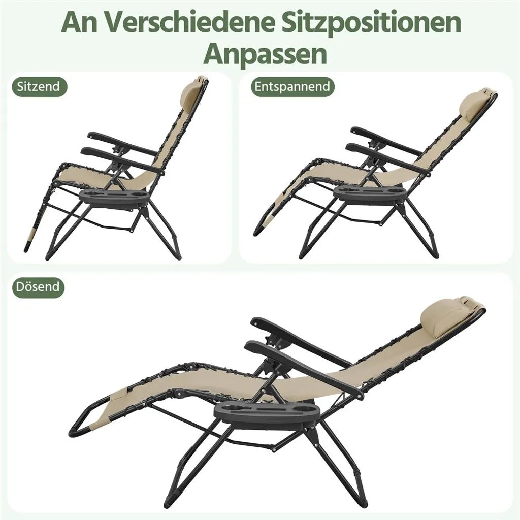 Yaheetech 2er-Set Liegestühle mit Beistelltisch – Beige – Zusammenklappbare Zero-Gravity-Gartenliegestühle mit Kopfkissen und Getränkehaltern