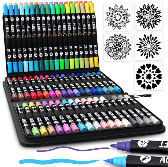 NAPI 72 Acrylmarker Dual Tip - Twinmarker - Malstifte Happy Stones - Steinmalerei mit Acrylmalstiften - Erwachsene und Kinder - Inkl. 5 Mandala-Schablonen