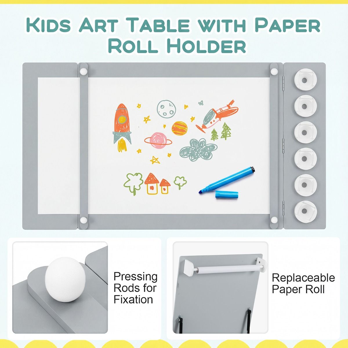 Coast Kinder-Tisch- und Stuhlset – 2-in-1-Zeichentisch mit Stauraum und Papierrolle – grau