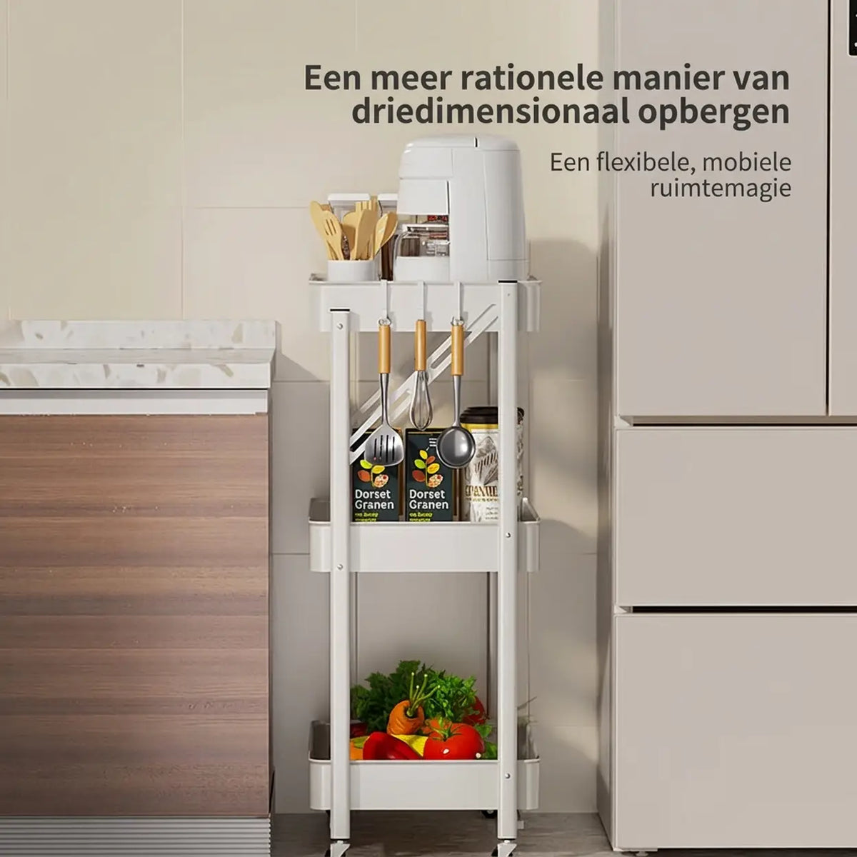 J.ZAO Zusammenklappbarer Küchenwagen – 30 × 45 × 77 cm – Weiß – 3 Ebenen – Rollbar und montagefrei