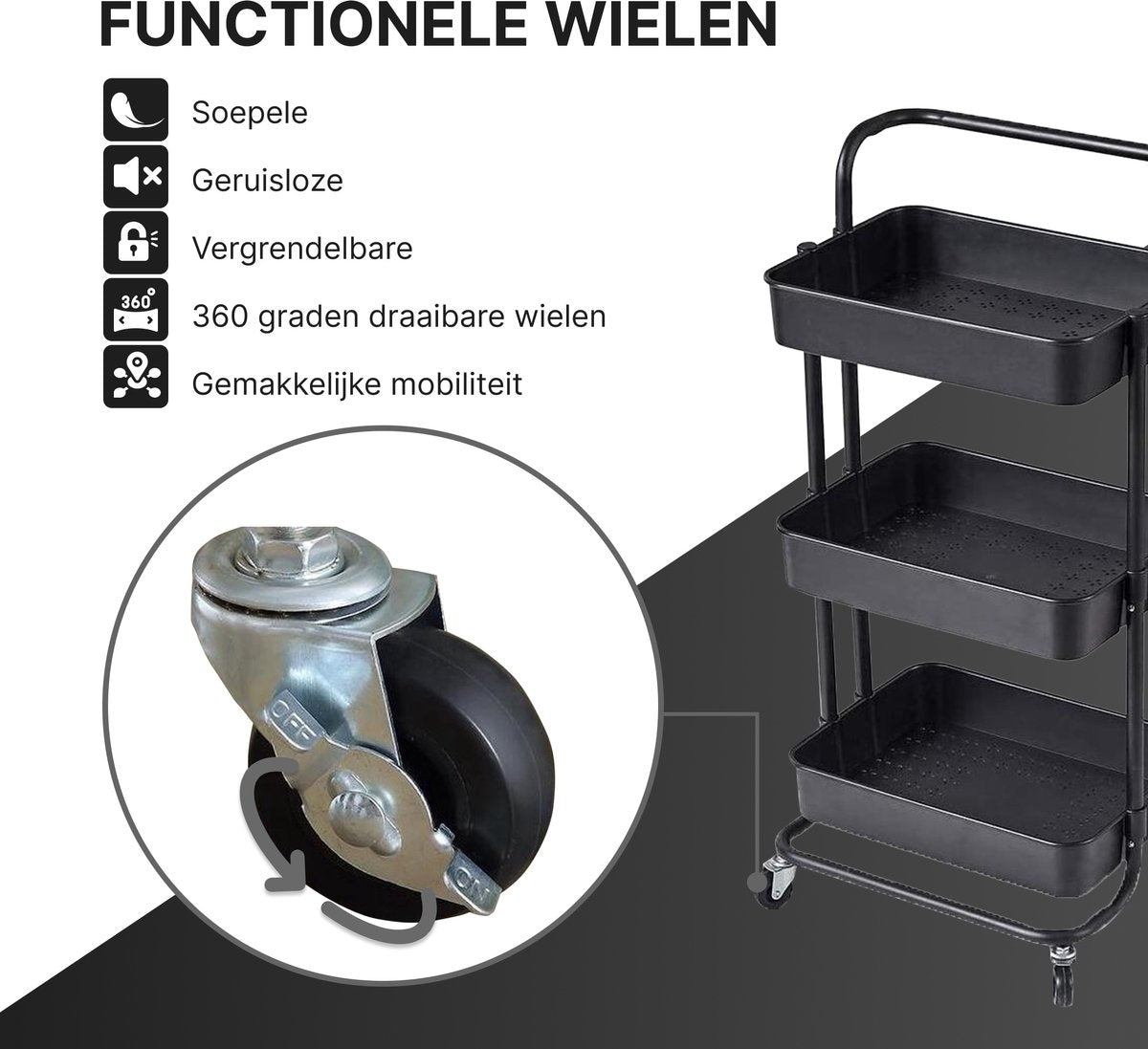 O'DADDY Küchenwagen auf Rädern - Servierwagen - Küchenwagen schwarz - fahrbar und feststehend - 3 Ebenen - 86 x 43 x 36 cm