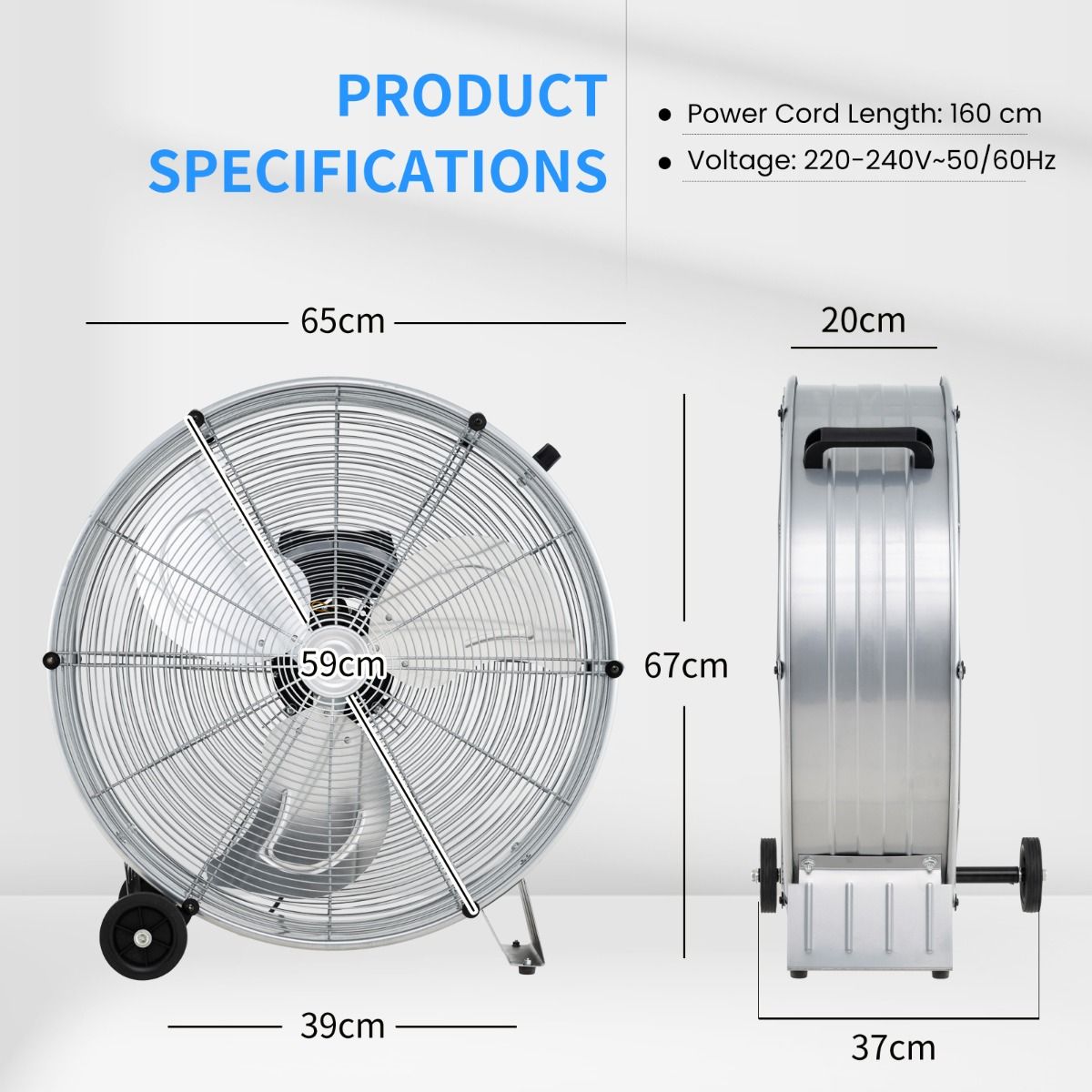 Coast Industrie-Trommelventilator - 3 Geschwindigkeiten, 180W, Max. 1300 CFM - 65 x 37 x 67 cm - Stahl/Aluminium - Silber