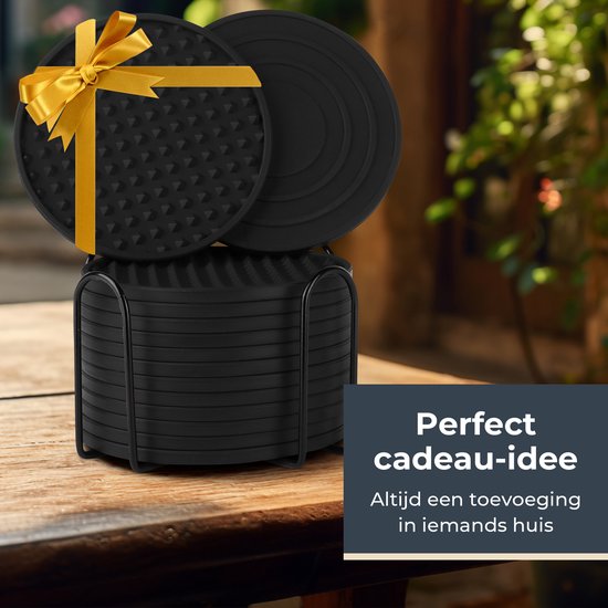 Castagnola Silikon-Untersetzer - Untersetzer für Gläser - Design-Untersetzer mit Halter - Untersetzer-Set - Anti-Rutsch - 14er-Set - Schwarz