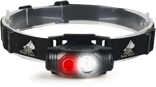 Ever Trex Ultra Light Stirnlampe LED Wiederaufladbar - Weißes und rotes Licht - 150Lumen - Neigbar - Laufen - Notfallpaket - Camping - Camper
