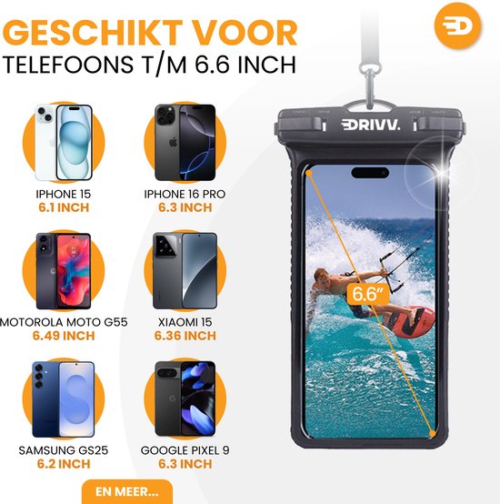 Drivv. Wasserdichte Handyhülle – Hartschalenhülle – Sturz- und stoßfest – Doppelclipverschluss – Bis zu 6,7 Zoll – Unterwasser-Handyhülle