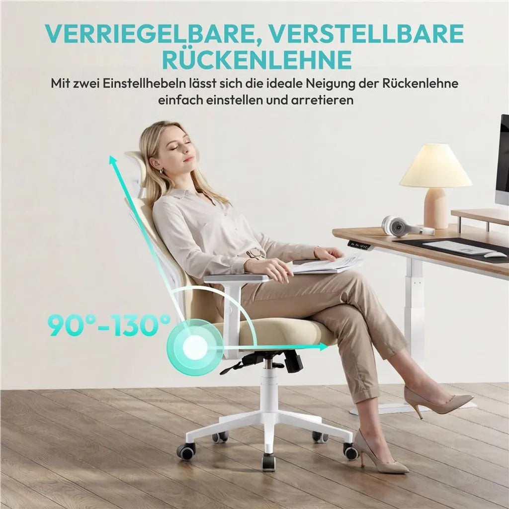 Yaheetech Ergonomischer Bürostuhl mit verstellbarer Kopfstütze und Lendenwirbelstütze – Beige – 70 x 59 x 115–125 cm