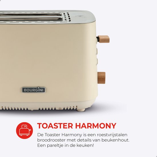 Bourgini Harmony Toaster - Elemente aus echtem Buchenholz - Toaster- Extra hoher Brotheber und 2 breite Brotschlitze - 7 Heizstufen