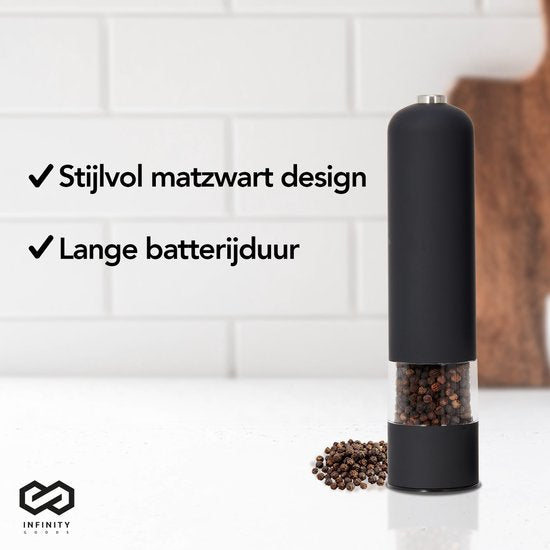 Infinity Goods Elektrisches Pfeffer- und Salzmühlen-Set - Pfeffermühle - Salzmühle - Einstellbares Mahlwerk - Gewürzmühle - Schwarz