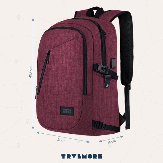 TRVLMORE Rucksack mit Lifetime - Rucksack mit 15.6 Zoll Laptopfach - Schultasche - spritzwassergeschützt - Männer und Frauen - Jungen und Mädchen - 25L - Burgunderrot