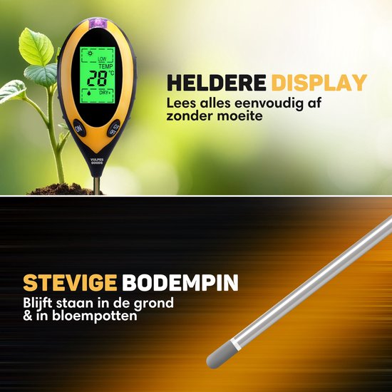 Vulpes Goods® Feuchtemessgerät für Pflanzen - 4-in-1 - Feuchtemessgerät - Innen und Außen - Hygrometer für Zimmerpflanzen - - pH, Lichtmessgerät, Temperaturmessgerät und Feuchtemessgerät - Bodenfeuchtemessgerät - PRO Version - inkl. Batterie