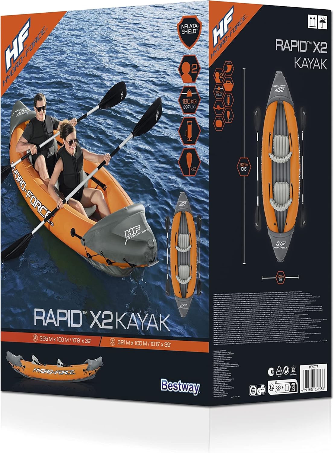 Hydro-Force Rapid – Aufblasbares Kajak für 2 Personen – mit Sitzen – Rückenlehne – Paddel – Handpumpe – und Tragetasche – Orange