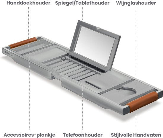 RelaxTub® Badewannenbrett - Badewannenbrett für die Badewanne - Badewannenregal - Verstellbar - Rutschfest - Badewannenbrett Grau - Badewannenbrett Holz - Badewannenregal mit Buchhalter, Tablet-Halter & Spiegel