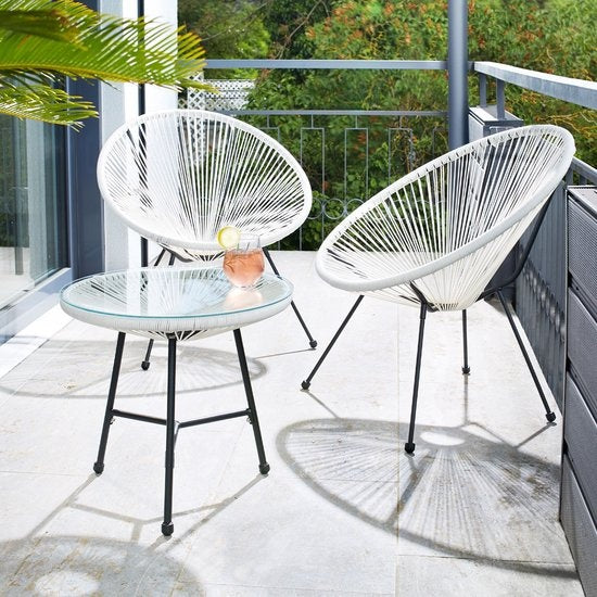 tectake - Gartenmöbel Bistro Set - 2 Stühle und 1 Tisch - Retro Egg Chairs im Acapulco-Stil - Wetterfest für drinnen und draußen - Gartenset für Terrasse oder Balkon - Schwarz