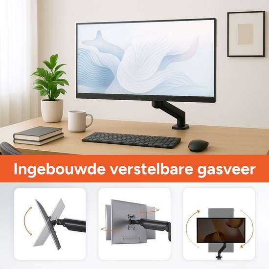 Skoov Monitorarm mit Gasfeder – Für 13–32 Zoll – Halterung für 1 Bildschirm – Monitor – Ständer – Halter – Halterung – Besonders stabil – Schwarz