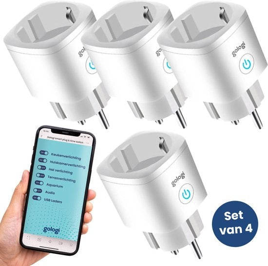 Gologi Smart plug - Smart plug - Zeitschaltuhr & Energiezähler - WIFI - Google Home & Amazon Alexa - 4 Stück - Weiß