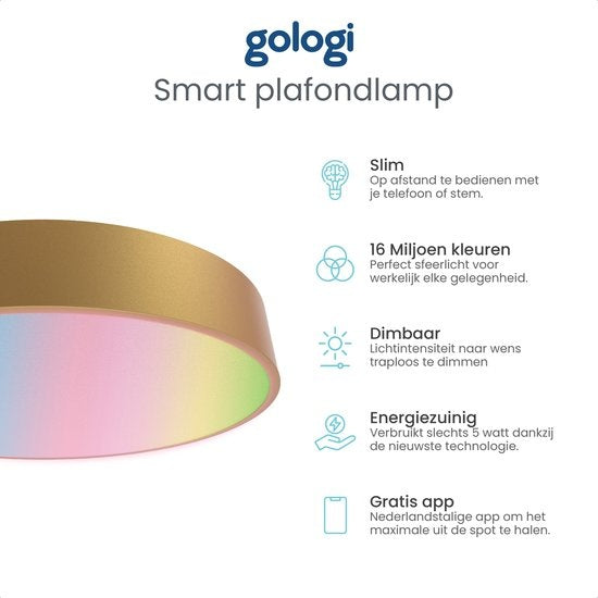 Gologi Smart Ceiling Lamp - Deckenleuchten - LED RGB - Deckenleuchte - Industrial - Schlafzimmer & Wohnzimmer - Ã˜ 30cm - Gold