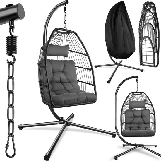 tectake - Luxuriöser Hängesessel - klappbarer und drehbarer Eiersessel mit Ständer - dicke Kissen - rutschfeste Füße - Schutzhülle inklusive. Ideal für Garten, Terrasse, Schlafzimmer - dunkelgrau