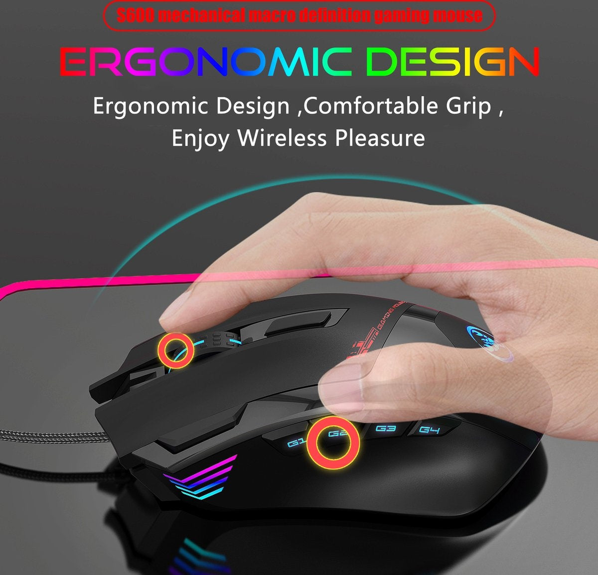 HXSJ S600 Pro Optische Gaming-Maus - Programmierbar - RGB-Licht - Ergonomisch - 7200DPI - Schwarz