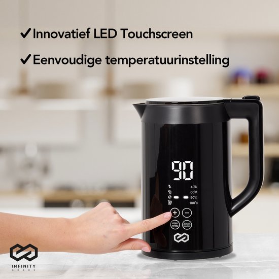 Infinity Goods Wasserkocher mit Temperaturregelung - Heizfunktion - Temperaturregelung - 1.5L - Schwarz