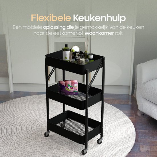 O'DADDY® Küchenwagen zusammenklappbar - 3 Lagen - Servierwagen auf Rädern - Küchenwagen - Rollbarer Tisch - Aufbewahrungswagen - Aufbewahrungswagen - Küchenregal - Schwarz