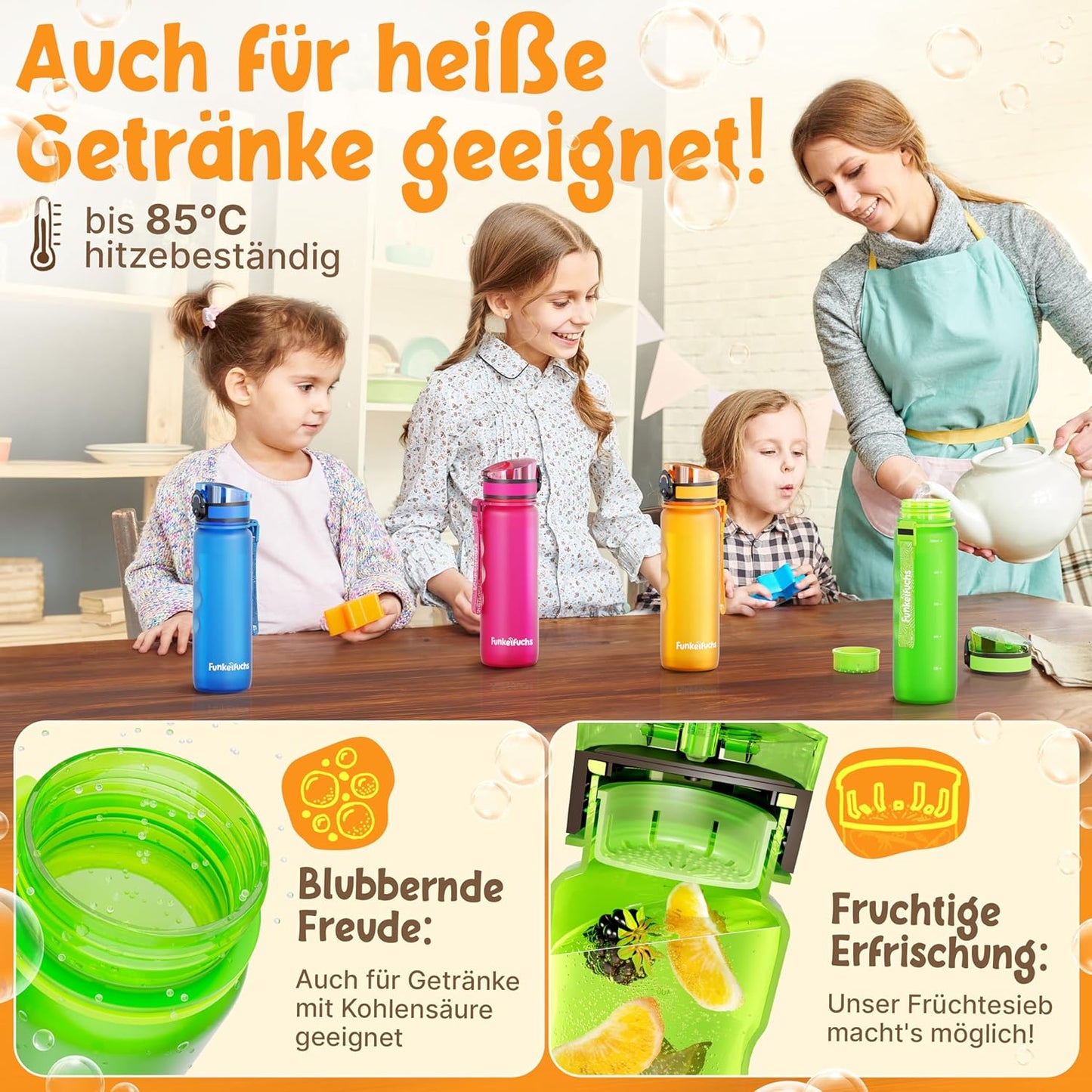 Funkelfuchs® - Trinkflasche für Kinder - 500ml, grün - mit Kohlensäure - 100% auslaufsicher - Wasserflasche spülmaschinenfest - für Kindergarten, Schule, Sport